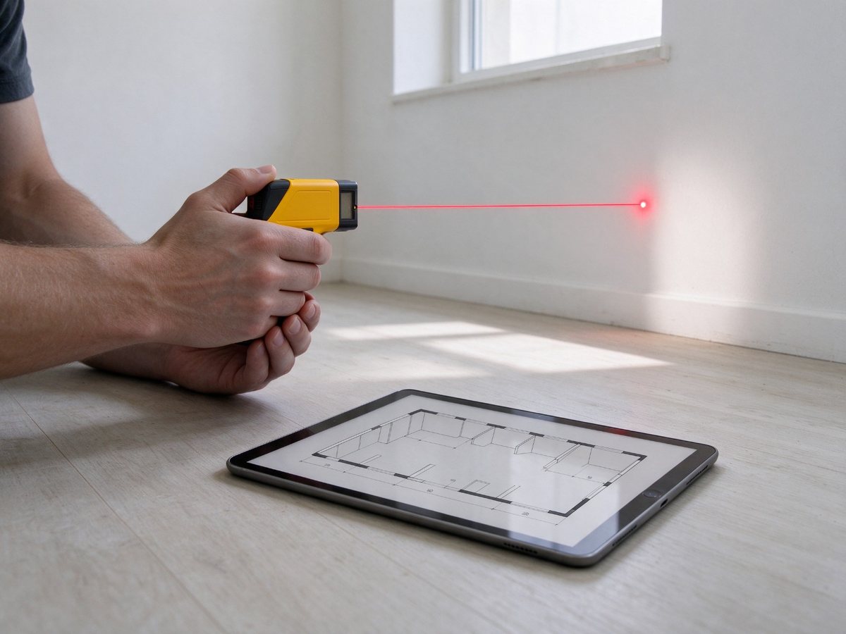 Hände mit Laser-Entfernungsmesser beim Vermessen eines leeren Raums