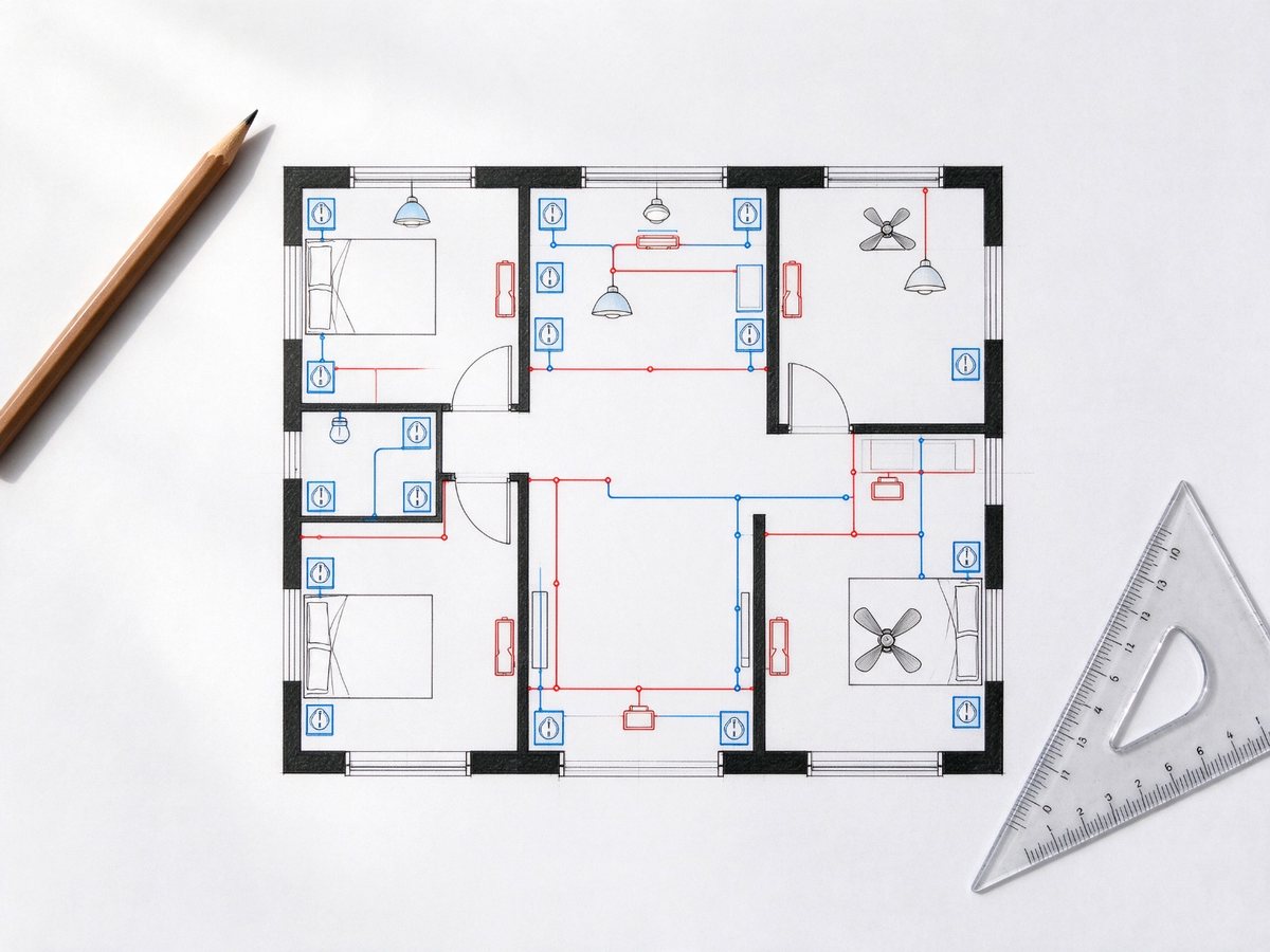 Elektroplan einer Wohnung mit Symbolen für Steckdosen, Schalter und Leuchten
