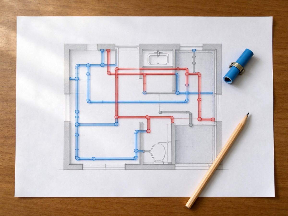 Sanitärplan eines Badezimmers mit Leitungsführung