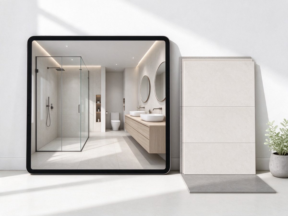 Tablet mit 3D-Ansicht eines geplanten Badezimmers