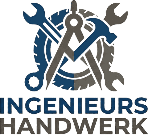 Logo Ingenieurs Handwerk: Zirkel, Schraubenschlüssel, Hammer und Zahnrad
